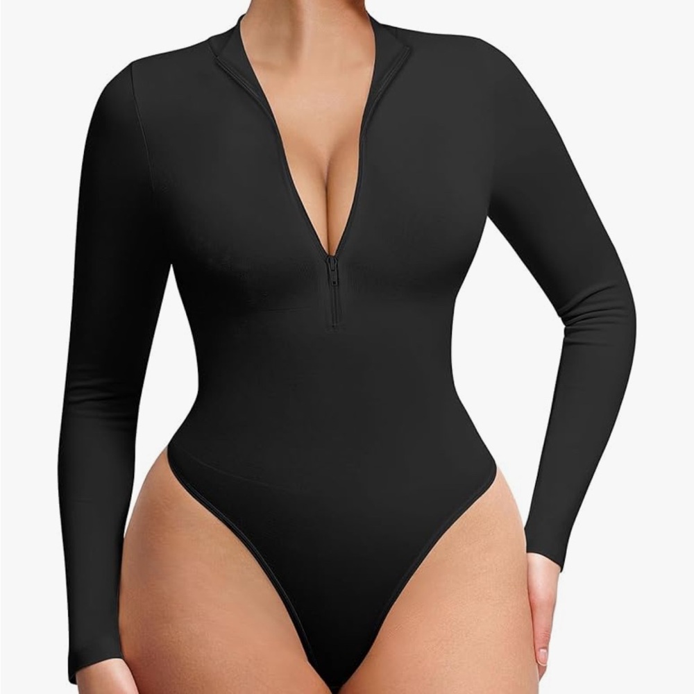 Black Long-Sleeve Zip-Front Bodysuit
